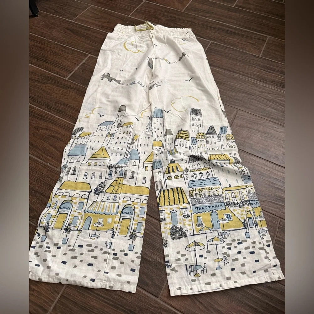 Scenic Print Pajama Pants - White and Yellow - Picture 1 of 3